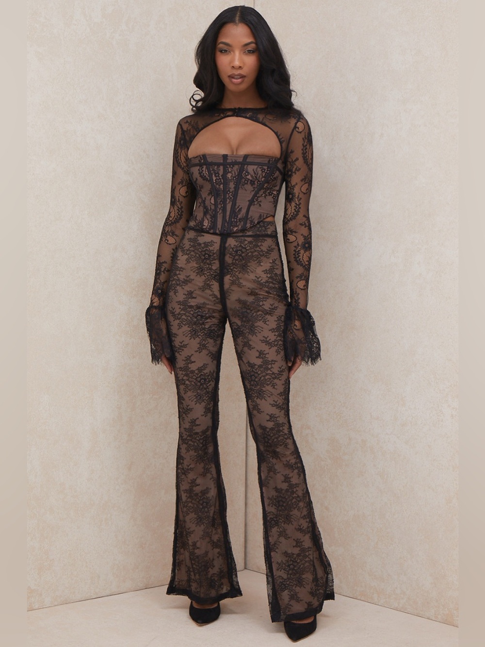 House of CB Brielle Ivy Black Lace High Waist Trousers Peplum Sleeve Corset Topp